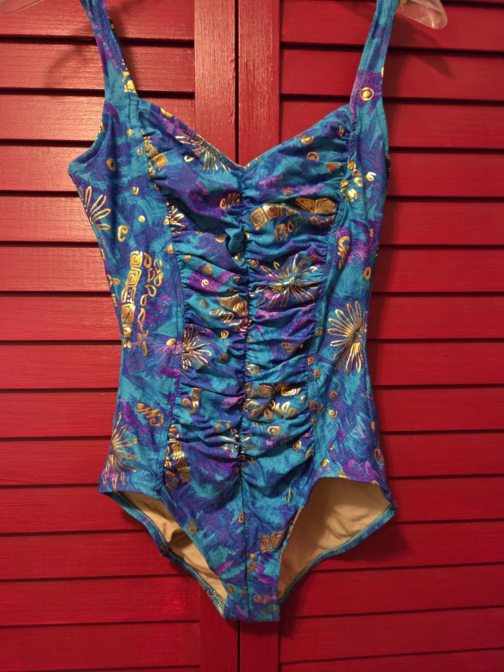 Ruched Teal & Purple One-Piece Swimsuit with Gold Accent